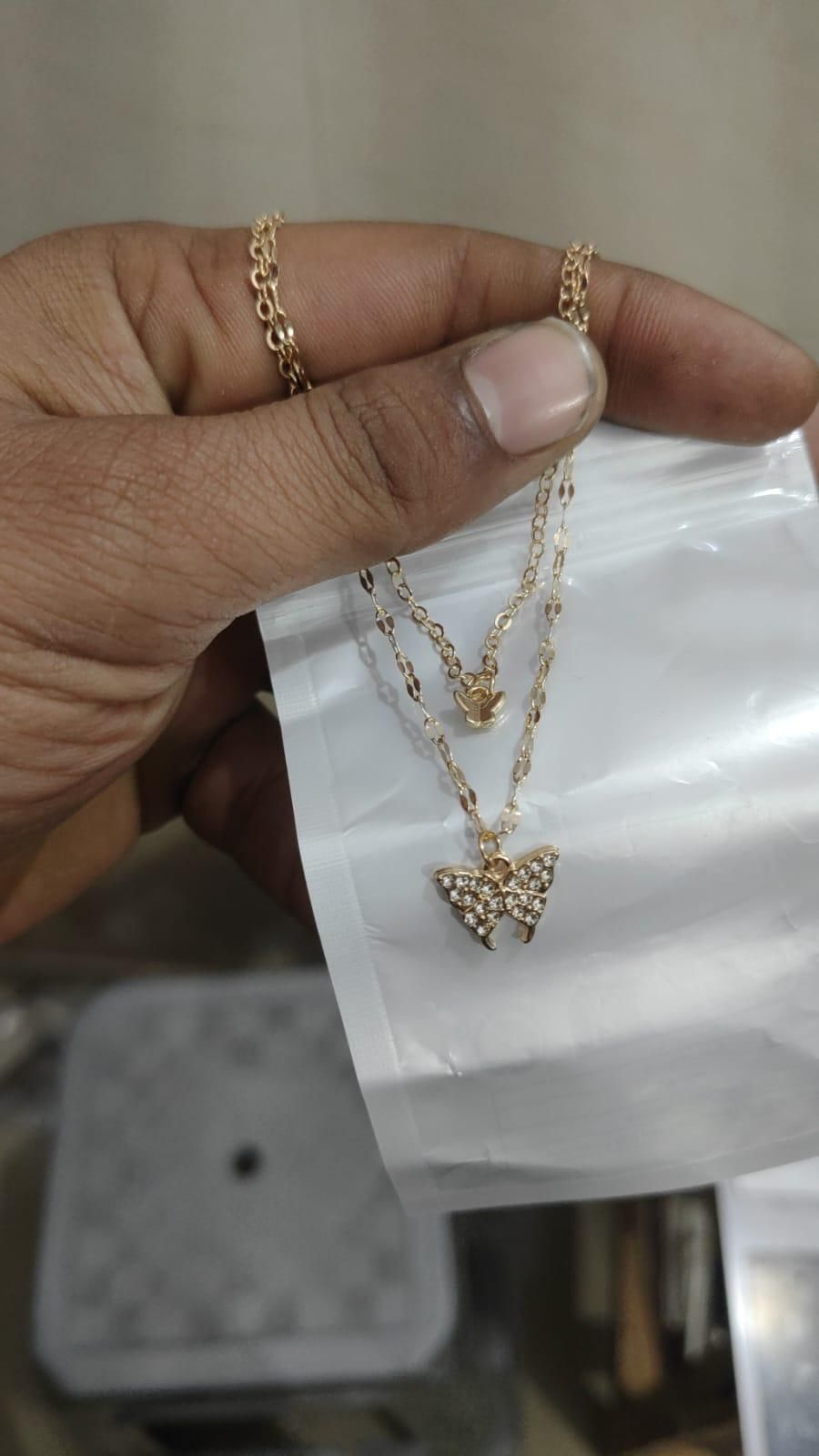 Double Layer Clavicle Chain Necklace Jewelry Zircon Butterfly Pendant Necklace (Gold)