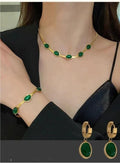 Oval Green Crystal Pendant Necklace Set With Bracelet - NovaLane